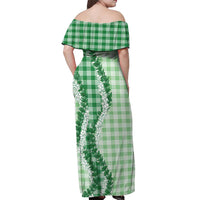Green Hawaii Palaka Off Shoulder Maxi Dress Hawaiian Honohono Lei