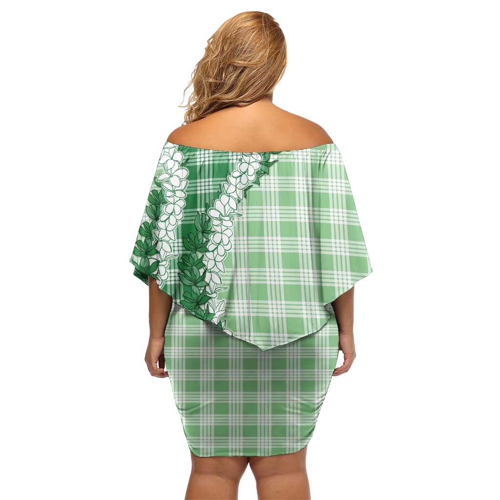 Green Hawaii Palaka Off Shoulder Short Dress Hawaiian Honohono Lei