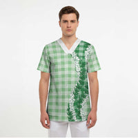 Green Hawaii Palaka Scrub Top Hawaiian Honohono Lei