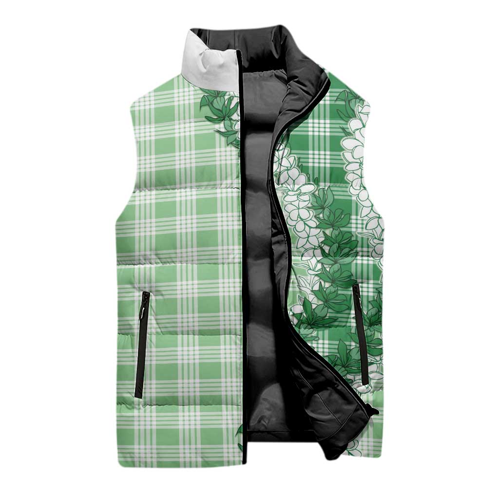Green Hawaii Palaka Sleeveless Puffer Jacket Hawaiian Honohono Lei