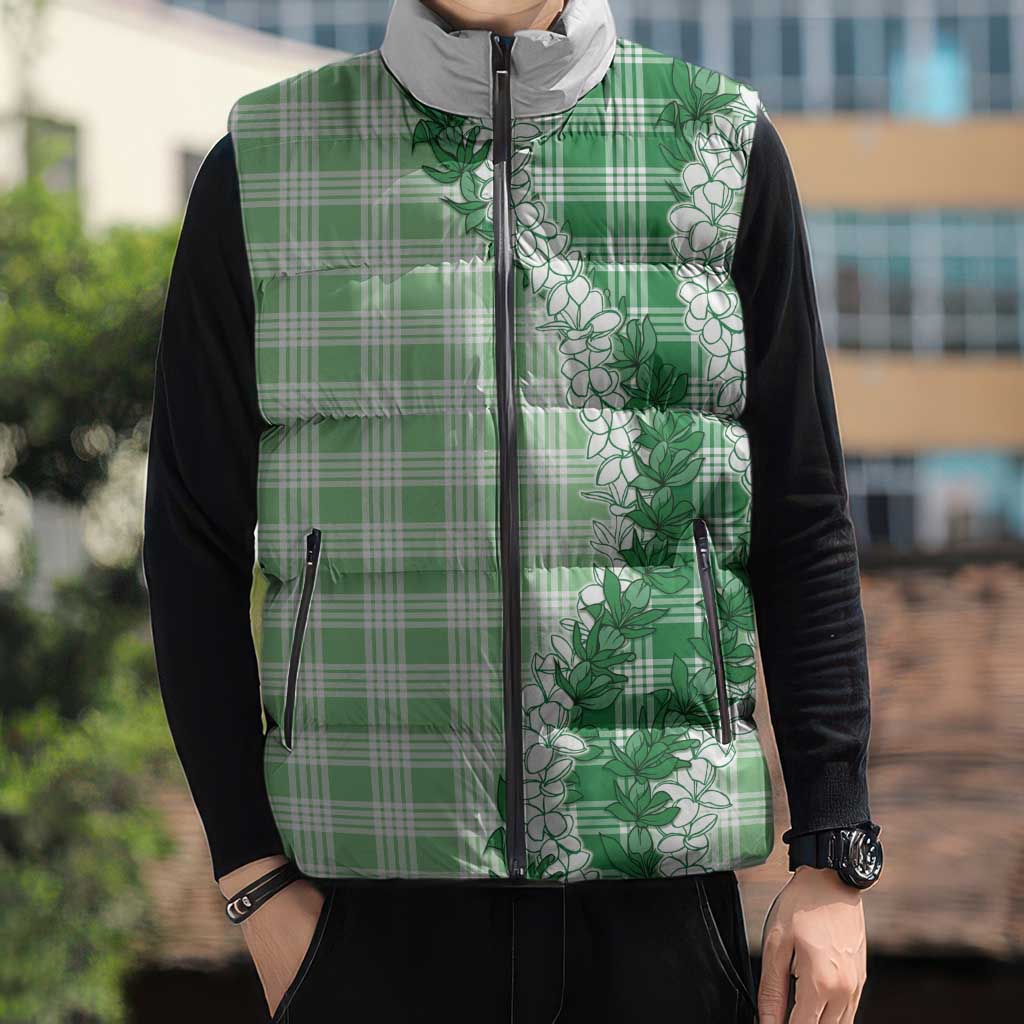 Green Hawaii Palaka Sleeveless Puffer Jacket Hawaiian Honohono Lei