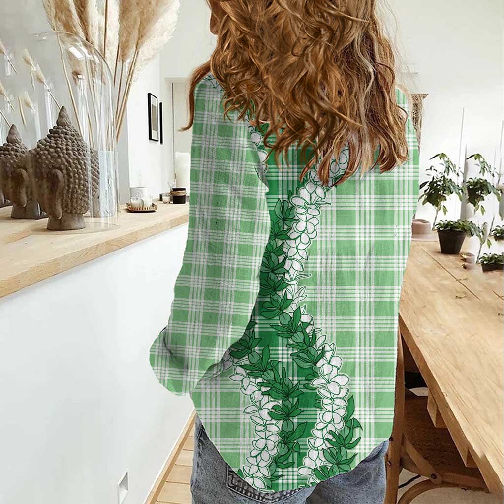 Green Hawaii Palaka Women Casual Shirt Hawaiian Honohono Lei