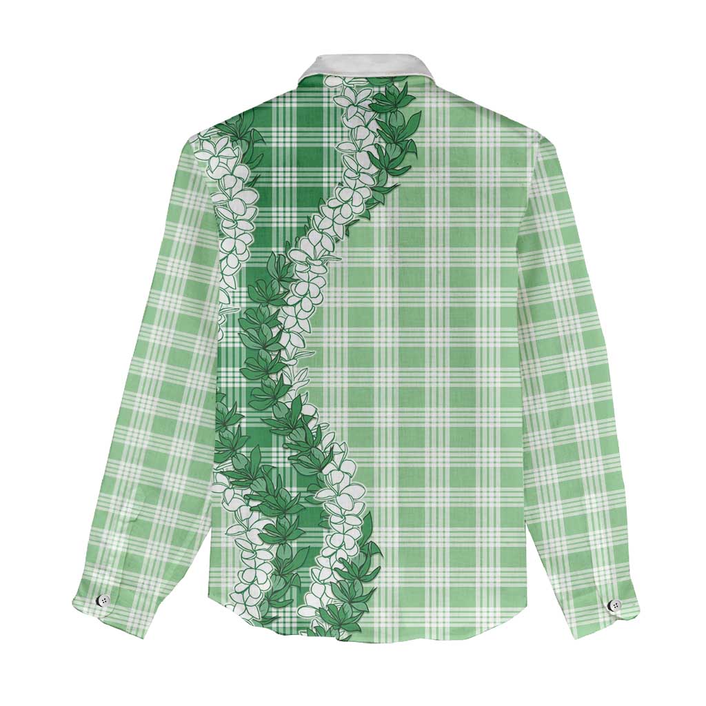 Green Hawaii Palaka Women Casual Shirt Hawaiian Honohono Lei
