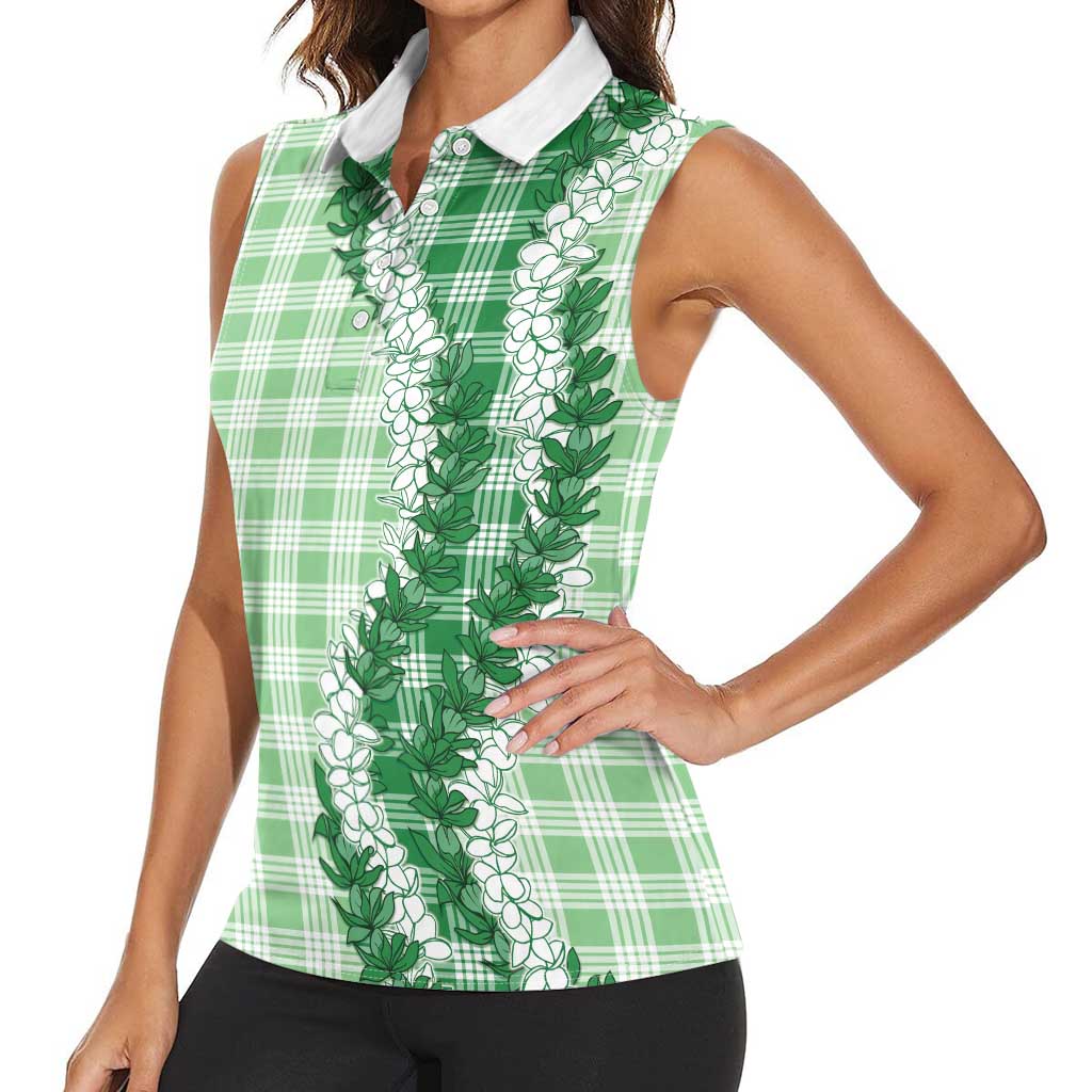 Green Hawaii Palaka Women Sleeveless Polo Shirt Hawaiian Honohono Lei