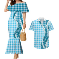 Blue Hawaii Palaka Couples Matching Mermaid Dress and Hawaiian Shirt Hawaiian Honohono Lei LT05 Blue - Polynesian Pride