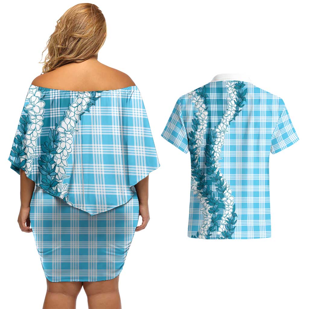 Blue Hawaii Palaka Couples Matching Off Shoulder Short Dress and Hawaiian Shirt Hawaiian Honohono Lei
