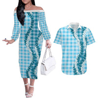 Blue Hawaii Palaka Couples Matching Off The Shoulder Long Sleeve Dress and Hawaiian Shirt Hawaiian Honohono Lei LT05 Blue - Polynesian Pride