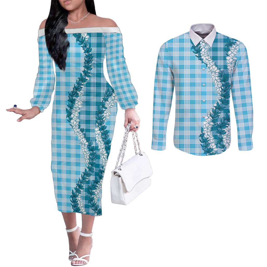 Blue Hawaii Palaka Couples Matching Off The Shoulder Long Sleeve Dress and Long Sleeve Button Shirt Hawaiian Honohono Lei LT05 Blue - Polynesian Pride