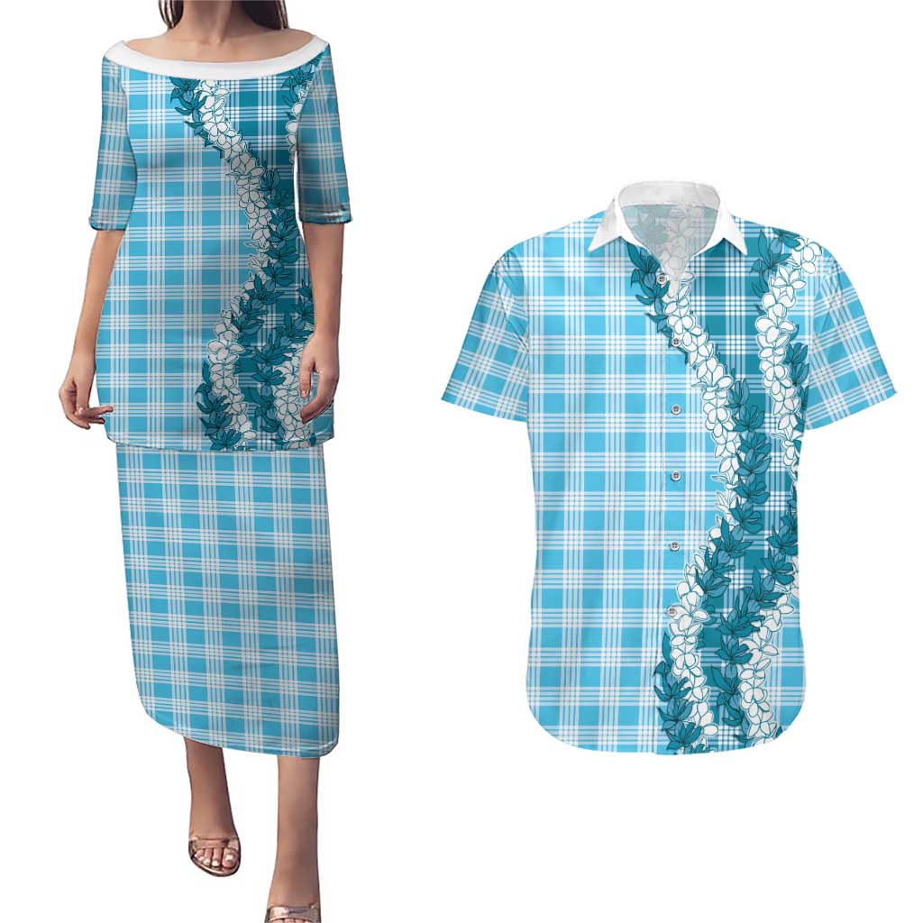 Blue Hawaii Palaka Couples Matching Puletasi and Hawaiian Shirt Hawaiian Honohono Lei