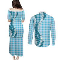 Blue Hawaii Palaka Couples Matching Puletasi and Long Sleeve Button Shirt Hawaiian Honohono Lei