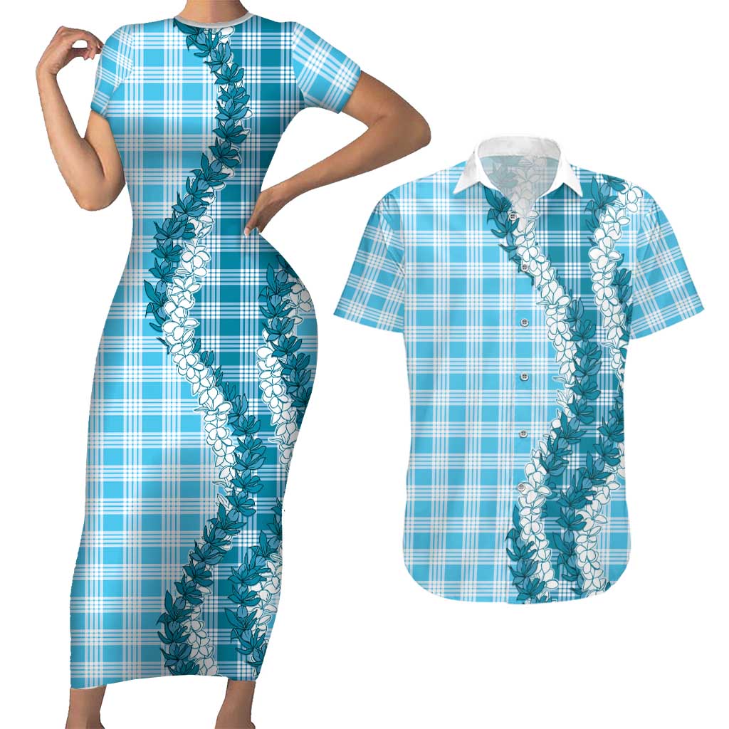 Blue Hawaii Palaka Couples Matching Short Sleeve Bodycon Dress and Hawaiian Shirt Hawaiian Honohono Lei LT05 Blue - Polynesian Pride