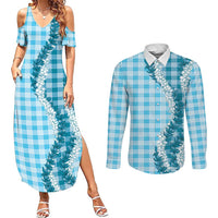 Blue Hawaii Palaka Couples Matching Summer Maxi Dress and Long Sleeve Button Shirt Hawaiian Honohono Lei