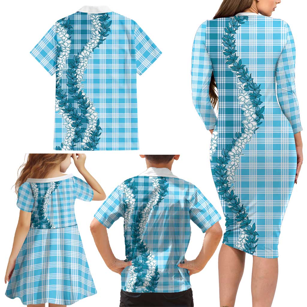 Blue Hawaii Palaka Family Matching Long Sleeve Bodycon Dress and Hawaiian Shirt Hawaiian Honohono Lei LT05 - Polynesian Pride