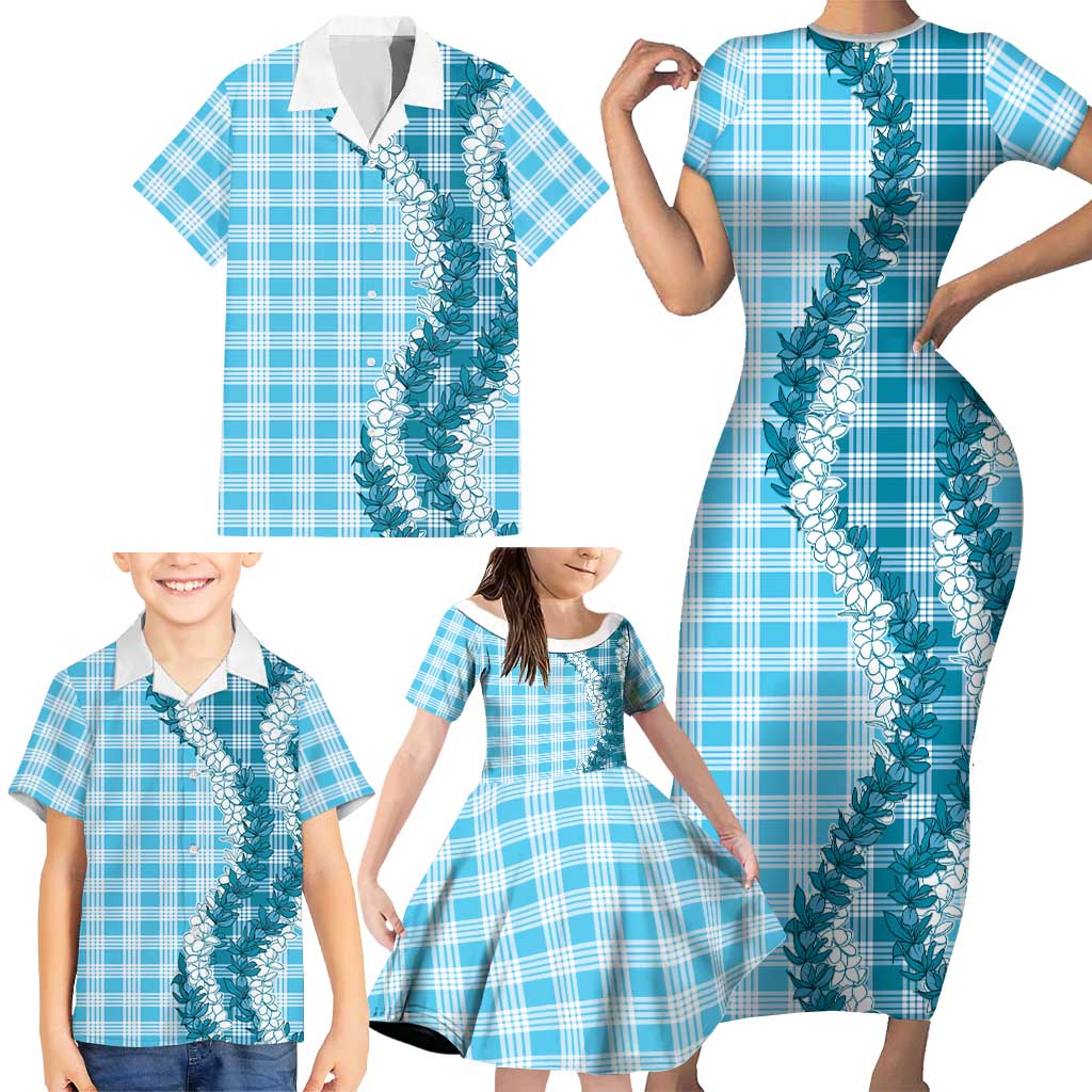 Blue Hawaii Palaka Family Matching Short Sleeve Bodycon Dress and Hawaiian Shirt Hawaiian Honohono Lei LT05 - Polynesian Pride