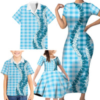 Blue Hawaii Palaka Family Matching Short Sleeve Bodycon Dress and Hawaiian Shirt Hawaiian Honohono Lei LT05 - Polynesian Pride