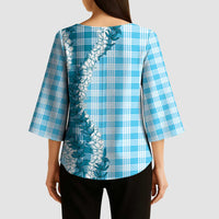 Blue Hawaii Palaka Kimono Sleeve Blouse Hawaiian Honohono Lei