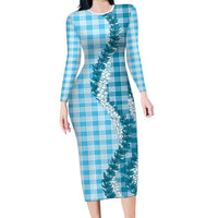 Blue Hawaii Palaka Long Sleeve Bodycon Dress Hawaiian Honohono Lei