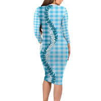 Blue Hawaii Palaka Long Sleeve Bodycon Dress Hawaiian Honohono Lei