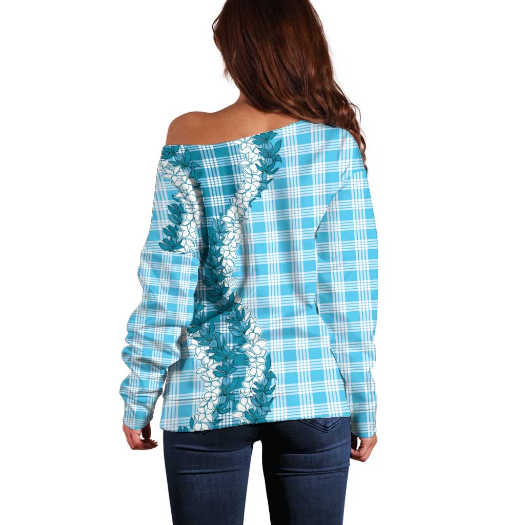 Blue Hawaii Palaka Off Shoulder Sweater Hawaiian Honohono Lei