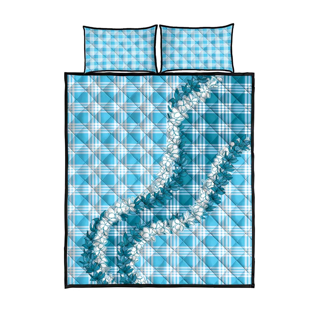 Blue Hawaii Palaka Quilt Bed Set Hawaiian Honohono Lei
