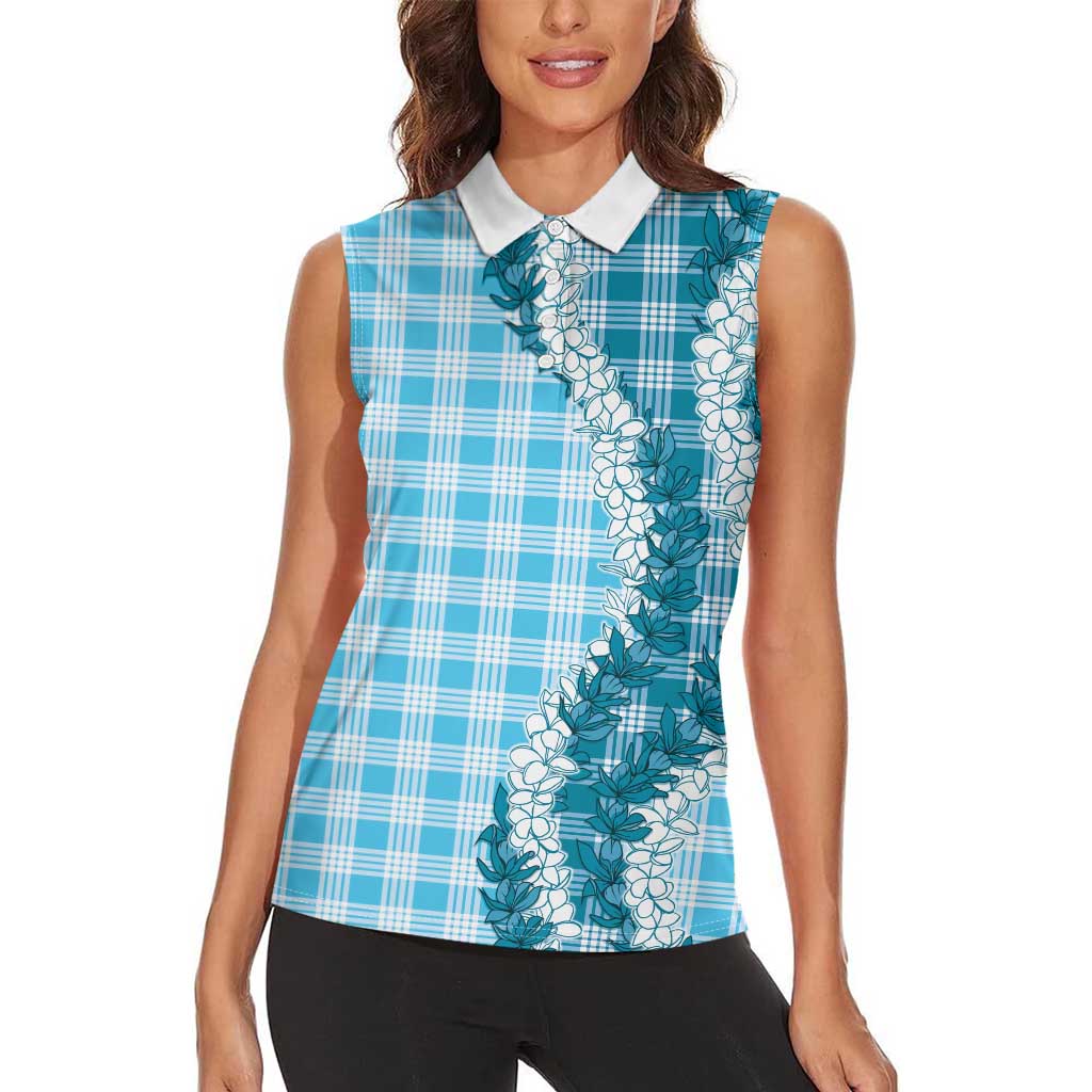 Blue Hawaii Palaka Women Sleeveless Polo Shirt Hawaiian Honohono Lei