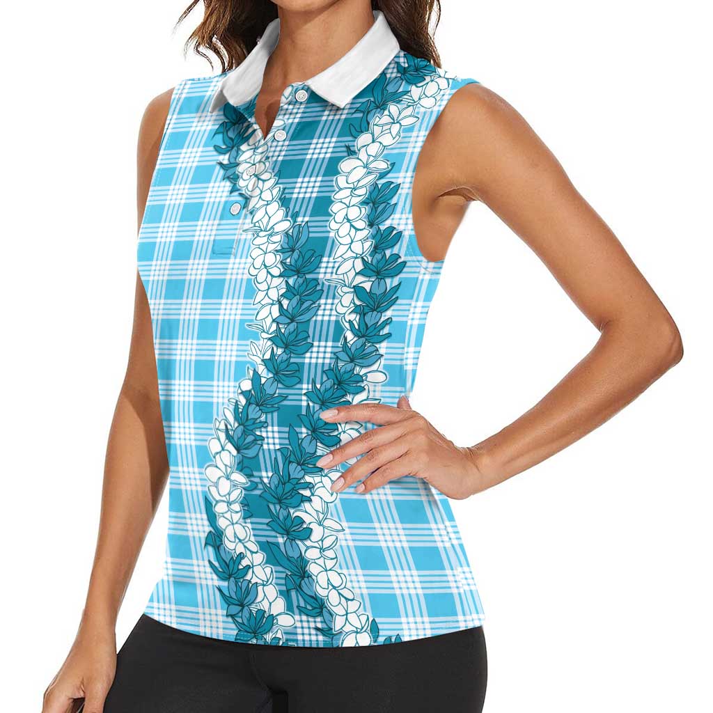 Blue Hawaii Palaka Women Sleeveless Polo Shirt Hawaiian Honohono Lei