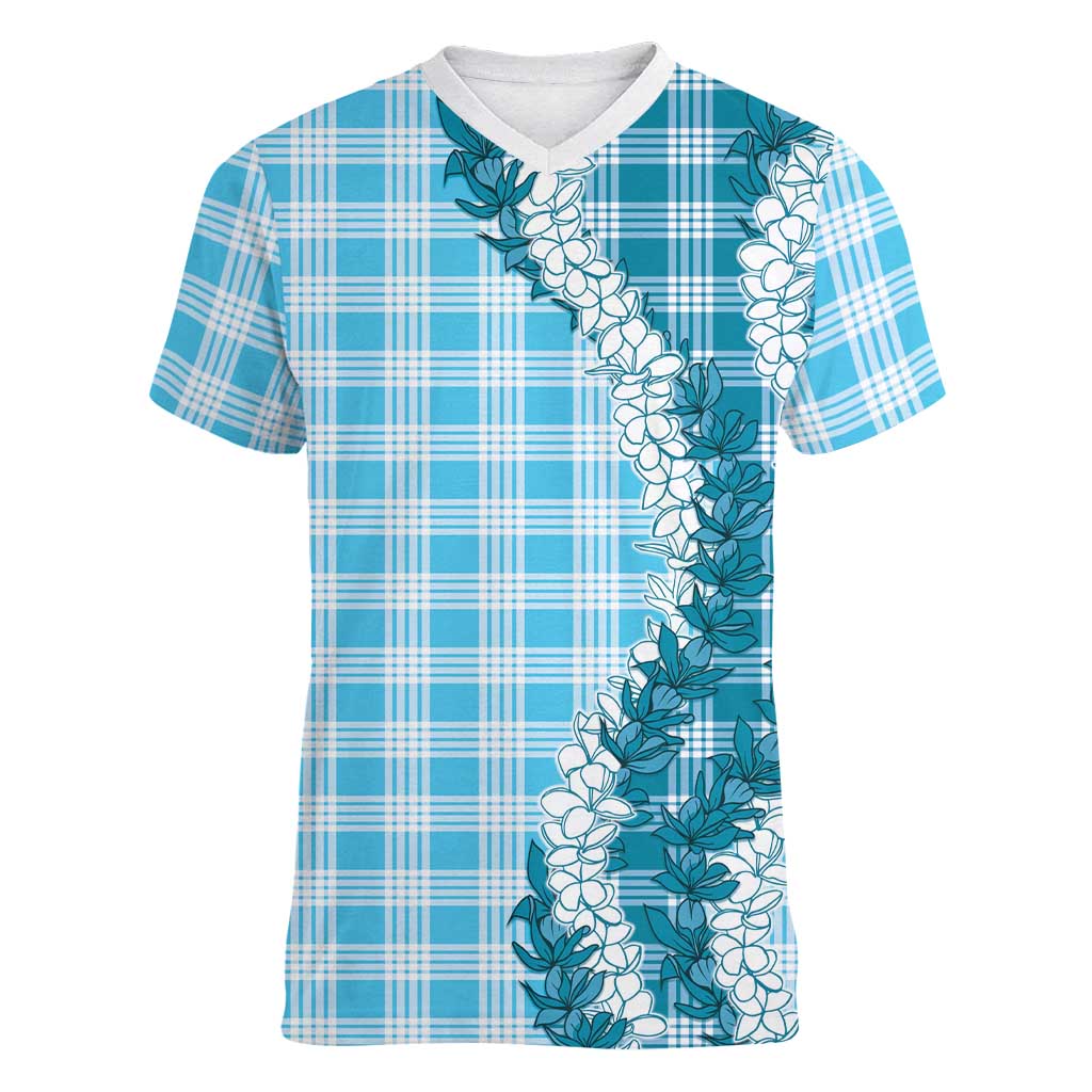 Blue Hawaii Palaka Women V-Neck T-Shirt Hawaiian Honohono Lei