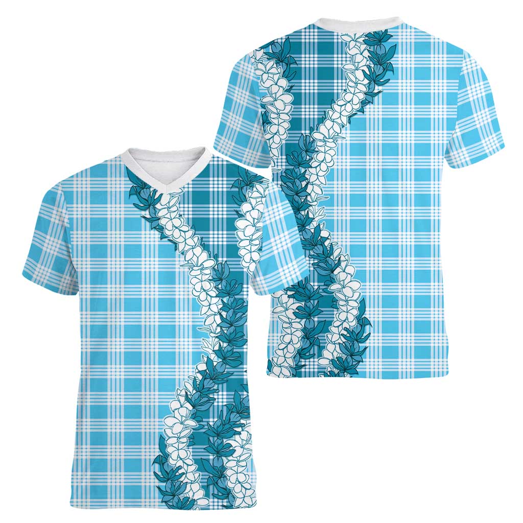 Blue Hawaii Palaka Women V-Neck T-Shirt Hawaiian Honohono Lei