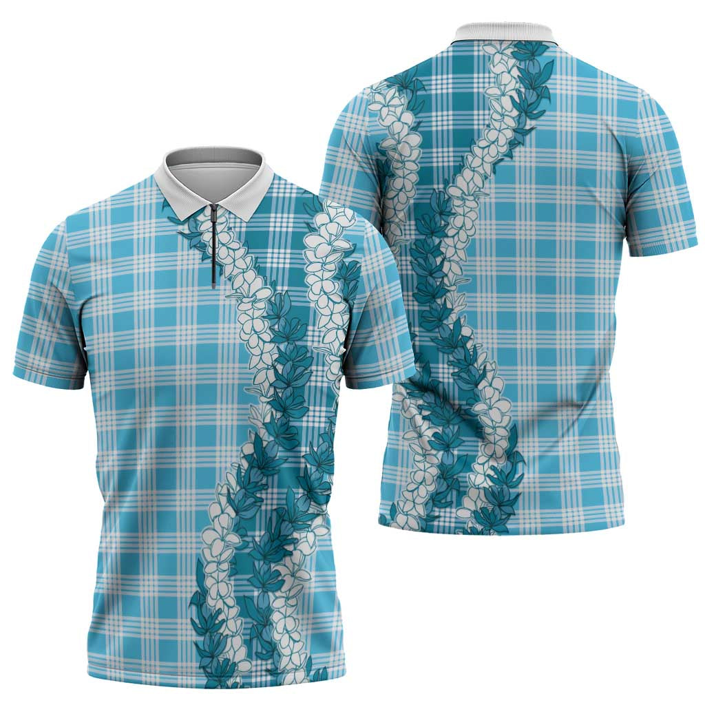 Blue Hawaii Palaka Zipper Polo Shirt Hawaiian Honohono Lei