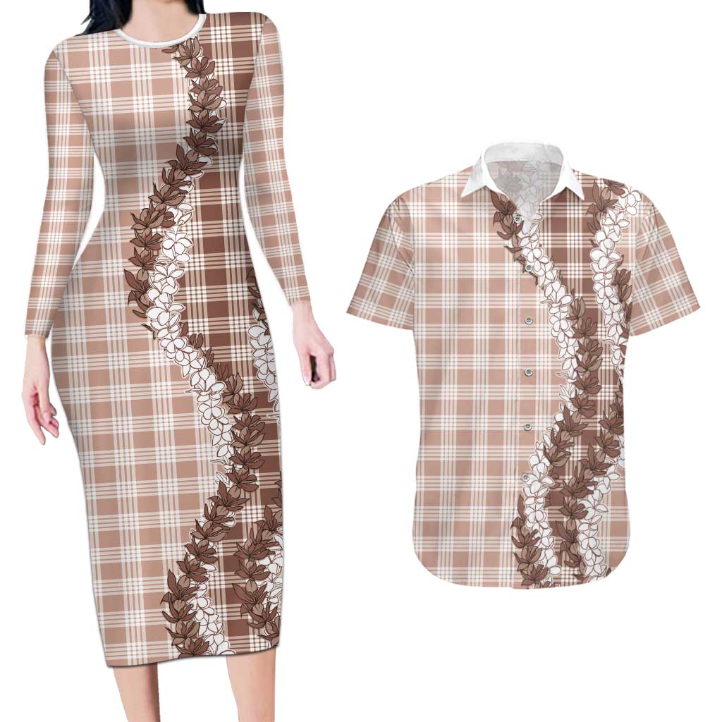 Beige Hawaii Palaka Couples Matching Long Sleeve Bodycon Dress and Hawaiian Shirt Hawaiian Honohono Lei LT05 Beige - Polynesian Pride