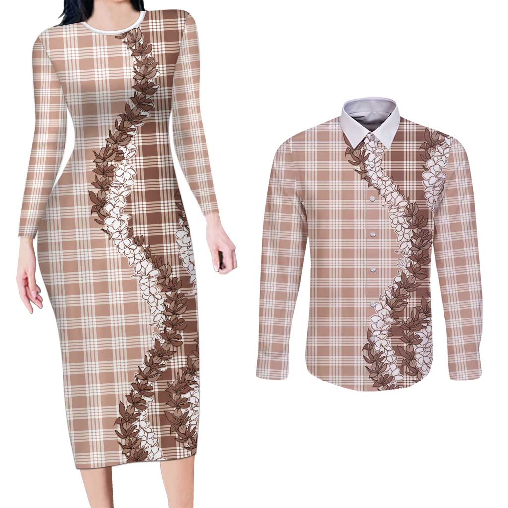 Beige Hawaii Palaka Couples Matching Long Sleeve Bodycon Dress and Long Sleeve Button Shirt Hawaiian Honohono Lei LT05 Beige - Polynesian Pride