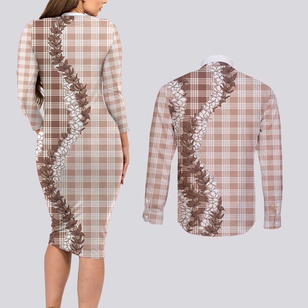 Beige Hawaii Palaka Couples Matching Long Sleeve Bodycon Dress and Long Sleeve Button Shirt Hawaiian Honohono Lei LT05 - Polynesian Pride