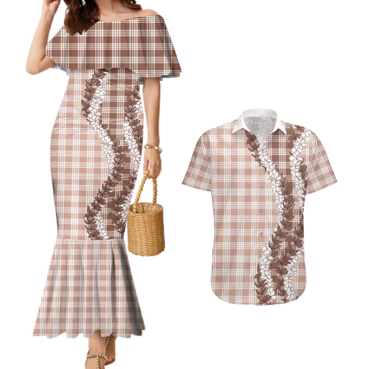 Beige Hawaii Palaka Couples Matching Mermaid Dress and Hawaiian Shirt Hawaiian Honohono Lei