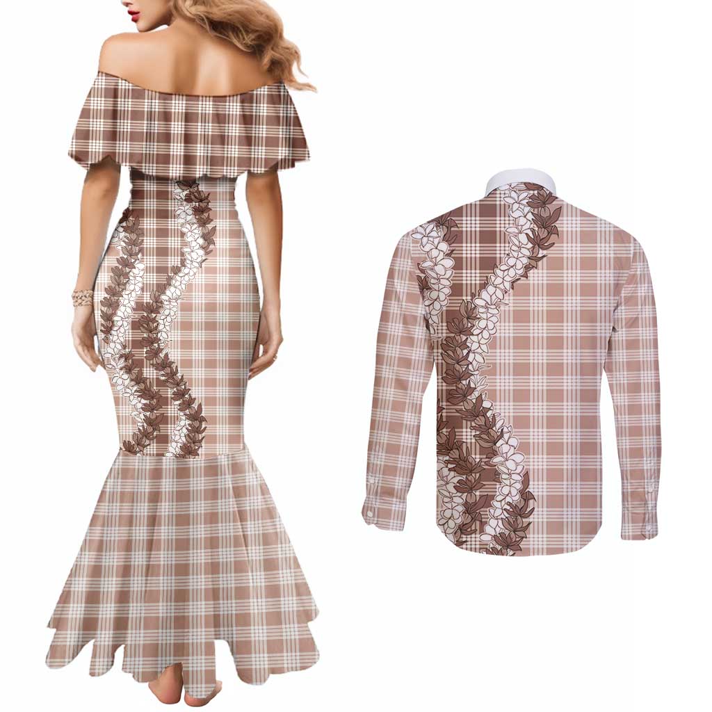 Beige Hawaii Palaka Couples Matching Mermaid Dress and Long Sleeve Button Shirt Hawaiian Honohono Lei