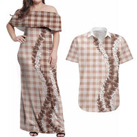 Beige Hawaii Palaka Couples Matching Off Shoulder Maxi Dress and Hawaiian Shirt Hawaiian Honohono Lei LT05 Beige - Polynesian Pride