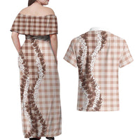Beige Hawaii Palaka Couples Matching Off Shoulder Maxi Dress and Hawaiian Shirt Hawaiian Honohono Lei LT05 - Polynesian Pride