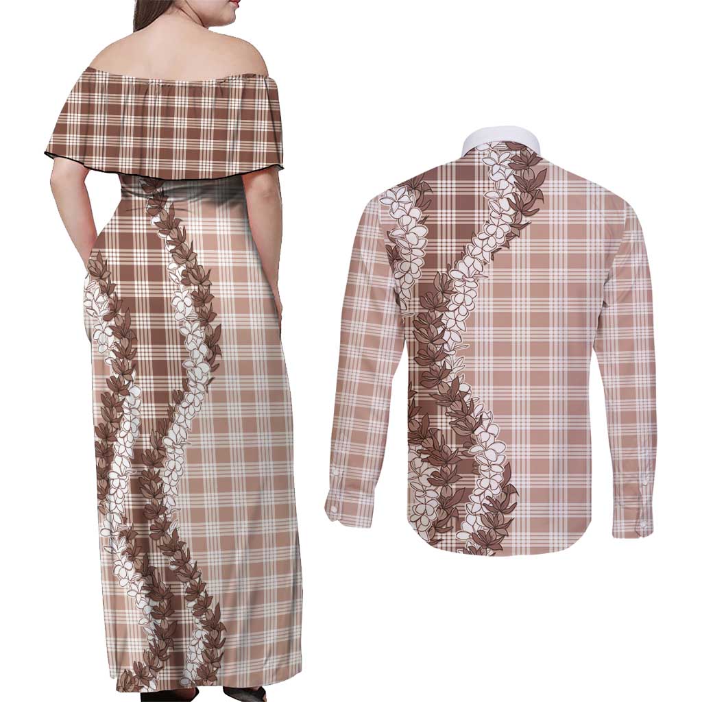 Beige Hawaii Palaka Couples Matching Off Shoulder Maxi Dress and Long Sleeve Button Shirt Hawaiian Honohono Lei