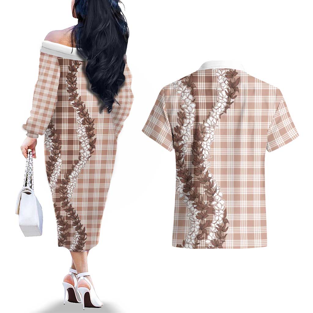Beige Hawaii Palaka Couples Matching Off The Shoulder Long Sleeve Dress and Hawaiian Shirt Hawaiian Honohono Lei LT05 - Polynesian Pride