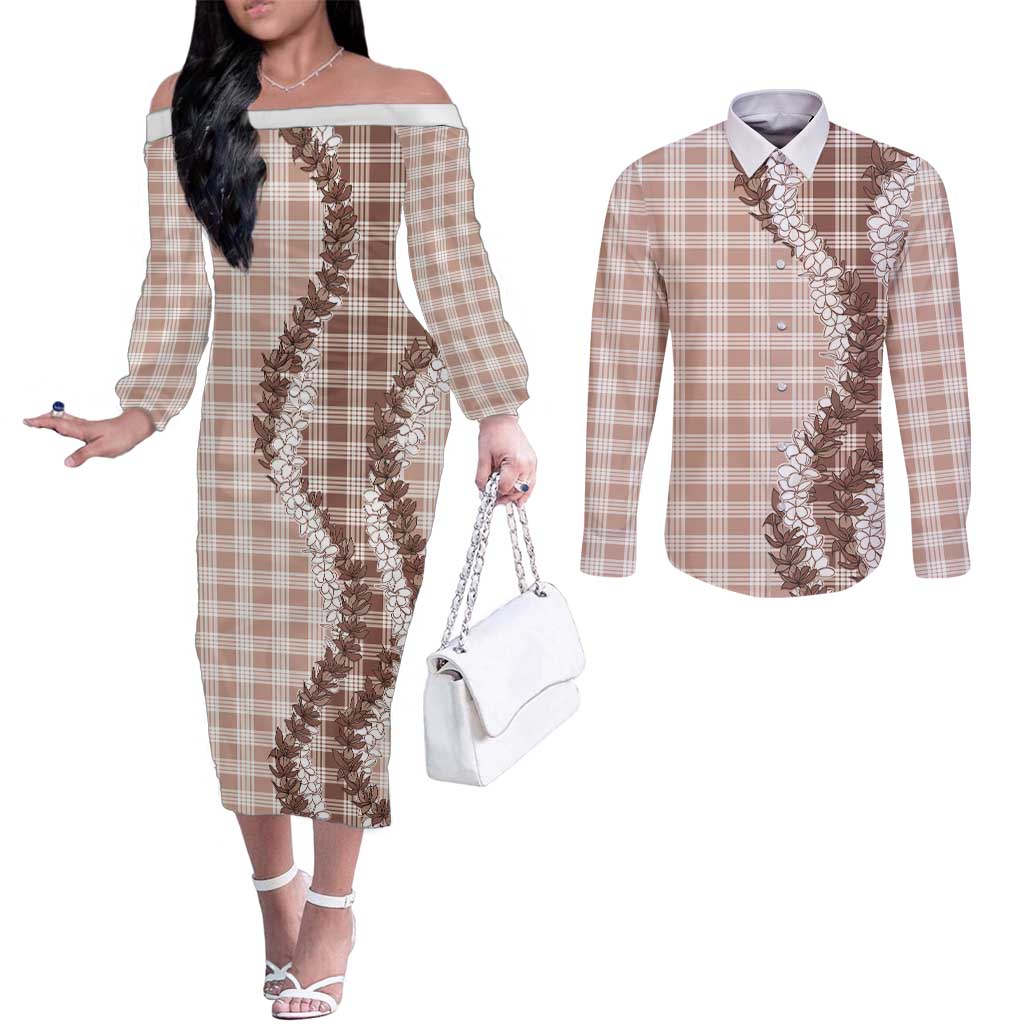 Beige Hawaii Palaka Couples Matching Off The Shoulder Long Sleeve Dress and Long Sleeve Button Shirt Hawaiian Honohono Lei