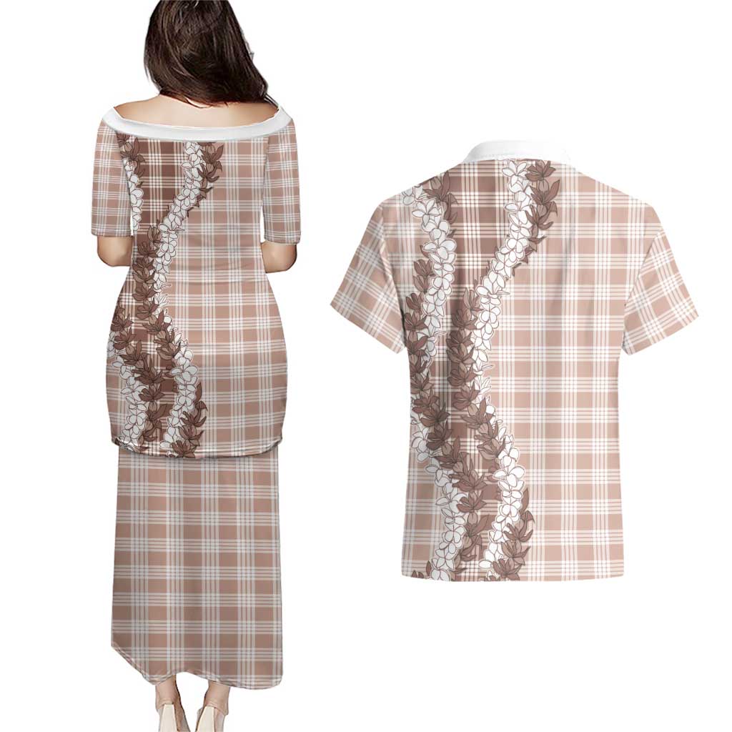 Beige Hawaii Palaka Couples Matching Puletasi and Hawaiian Shirt Hawaiian Honohono Lei