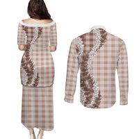Beige Hawaii Palaka Couples Matching Puletasi and Long Sleeve Button Shirt Hawaiian Honohono Lei