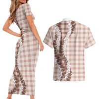 Beige Hawaii Palaka Couples Matching Short Sleeve Bodycon Dress and Hawaiian Shirt Hawaiian Honohono Lei LT05 - Polynesian Pride