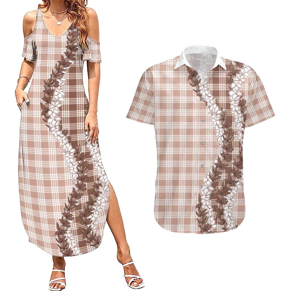 Beige Hawaii Palaka Couples Matching Summer Maxi Dress and Hawaiian Shirt Hawaiian Honohono Lei LT05 Beige - Polynesian Pride
