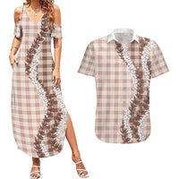 Beige Hawaii Palaka Couples Matching Summer Maxi Dress and Hawaiian Shirt Hawaiian Honohono Lei LT05 Beige - Polynesian Pride