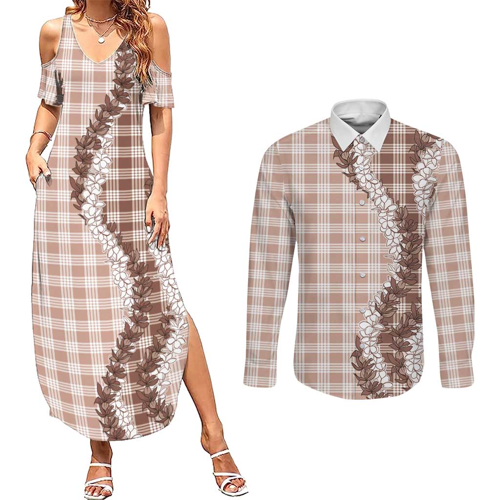 Beige Hawaii Palaka Couples Matching Summer Maxi Dress and Long Sleeve Button Shirt Hawaiian Honohono Lei