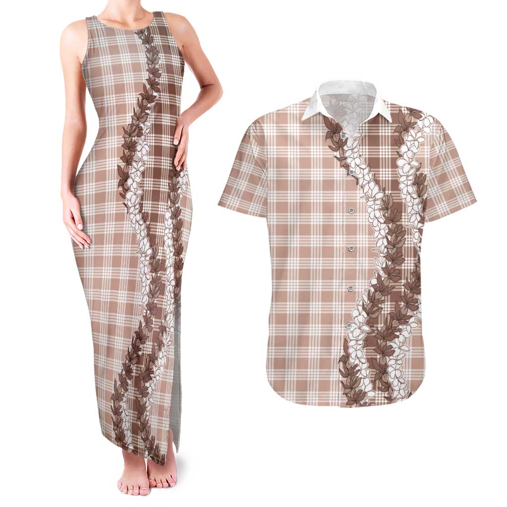 Beige Hawaii Palaka Couples Matching Tank Maxi Dress and Hawaiian Shirt Hawaiian Honohono Lei LT05 Beige - Polynesian Pride