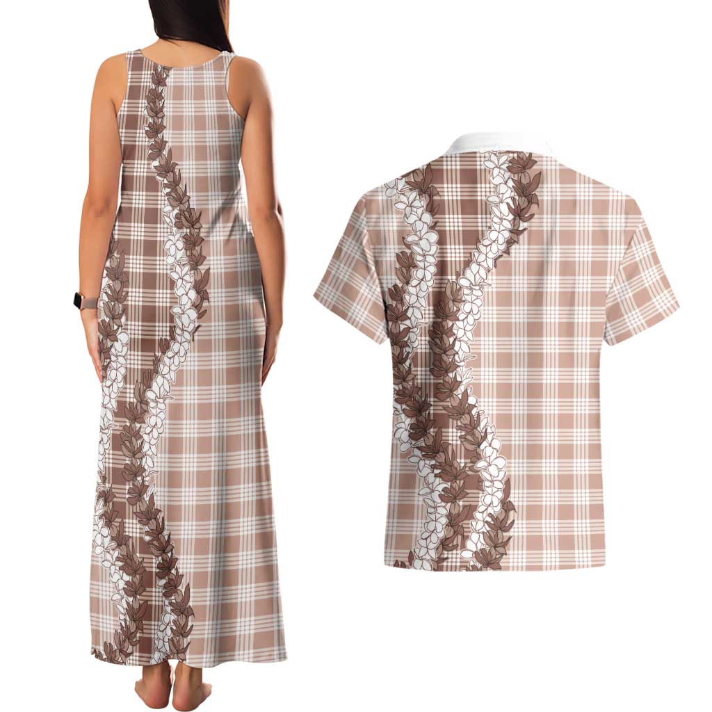 Beige Hawaii Palaka Couples Matching Tank Maxi Dress and Hawaiian Shirt Hawaiian Honohono Lei LT05 - Polynesian Pride
