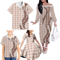 Beige Hawaii Palaka Family Matching Off The Shoulder Long Sleeve Dress and Hawaiian Shirt Hawaiian Honohono Lei LT05 - Polynesian Pride