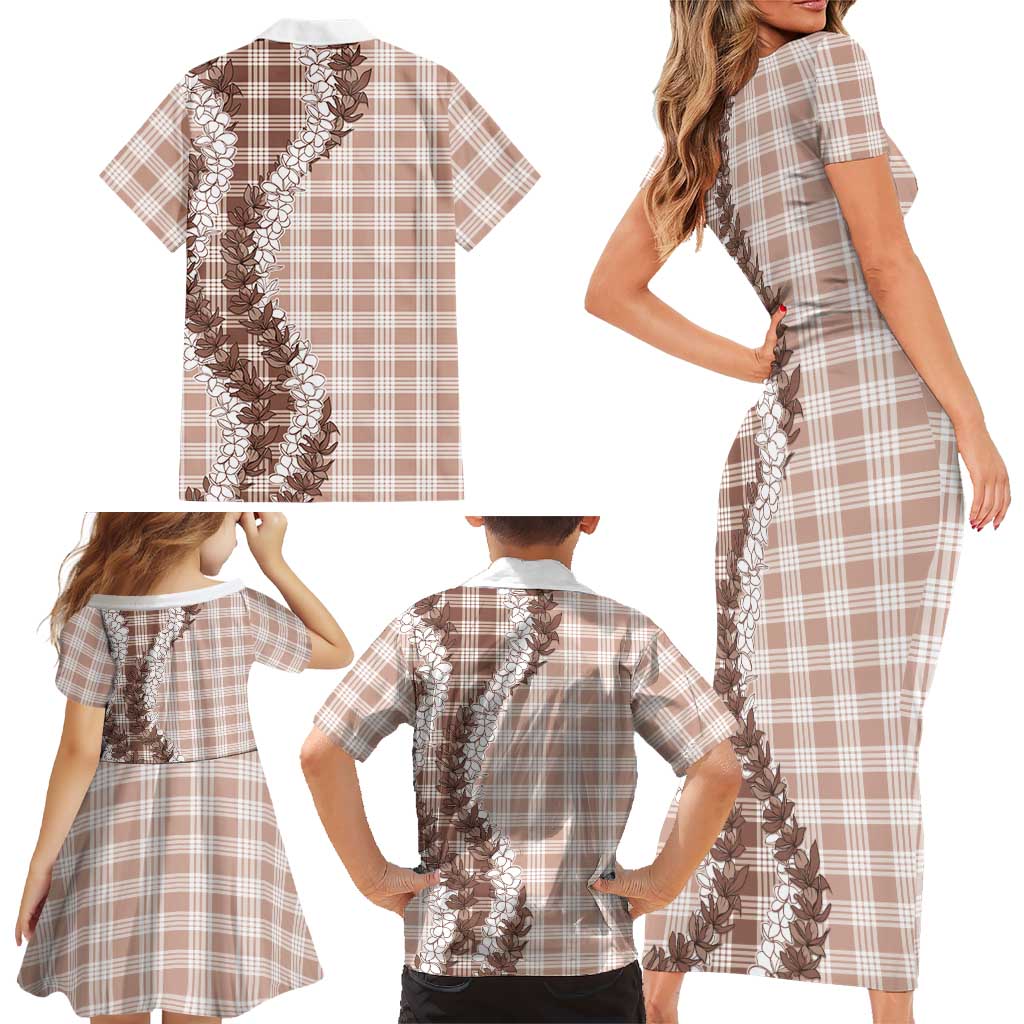 Beige Hawaii Palaka Family Matching Short Sleeve Bodycon Dress and Hawaiian Shirt Hawaiian Honohono Lei LT05 - Polynesian Pride