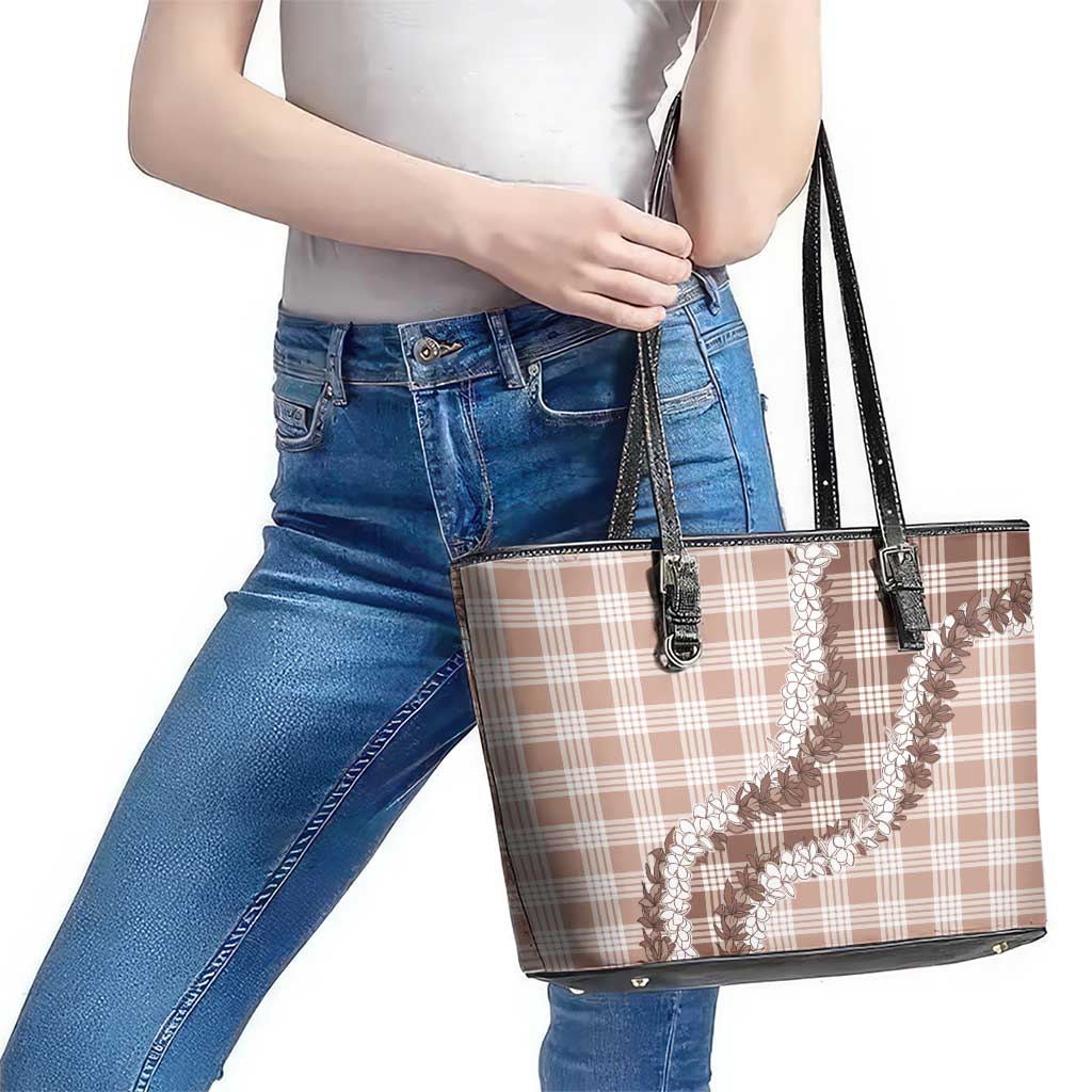 Beige Hawaii Palaka Leather Tote Bag Hawaiian Honohono Lei